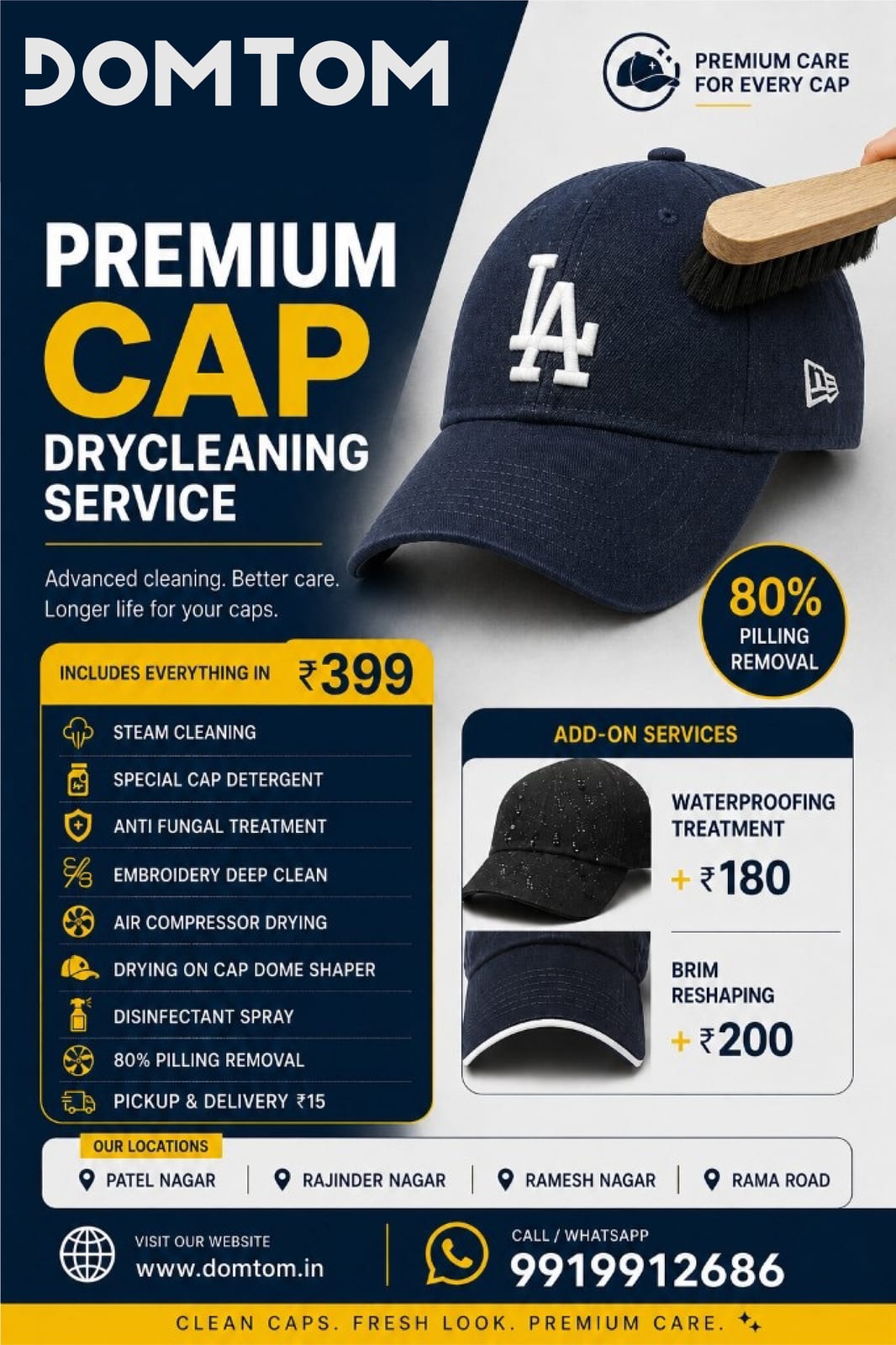 DomTom premium cap dry cleaning poster — includes steam clean, anti-fungal treatment, and dome shaping