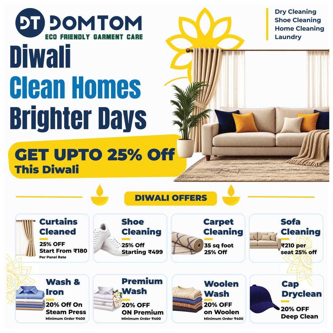 DomTom Diwali offers poster — up to 25% off curtains, shoes, carpet, sofa, laundry and cap dry cleaning