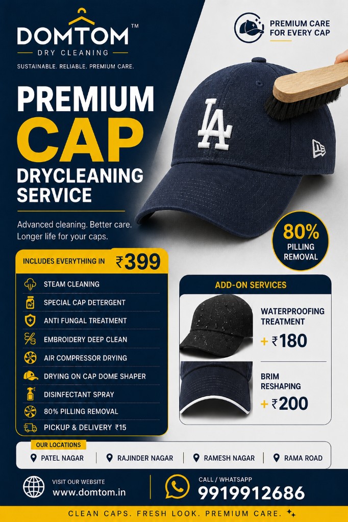 DomTom premium cap dry cleaning poster — includes steam clean, anti-fungal treatment, and dome shaping